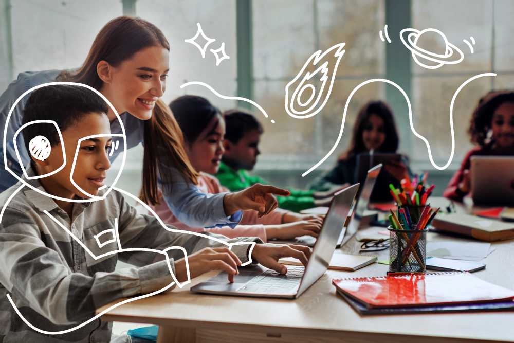 Students in a classroom with a teacher, illustrated drawings of objects in space Students in a classroom with a teacher, illustrated drawings of objects in space