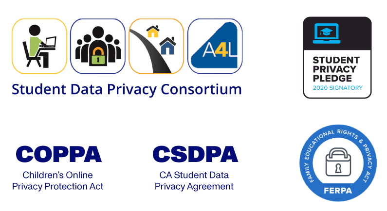 Student Data Privacy Consortium logo, Student Privacy Pledge logo, COPPA - Children's Online Privacy Protection Act logo, CSDPA - CA Student Data Privacy Agreement logo, FERPA - Family Educational Rights & Privacy Act logo Student Data Privacy Consortium logo, Student Privacy Pledge logo, COPPA - Children's Online Privacy Protection Act logo, CSDPA - CA Student Data Privacy Agreement logo, FERPA - Family Educational Rights & Privacy Act logo